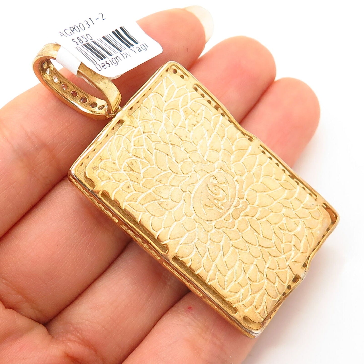 925 Sterling Gold Plated Swarovski Crystals Large Convex Rectangle Pendant