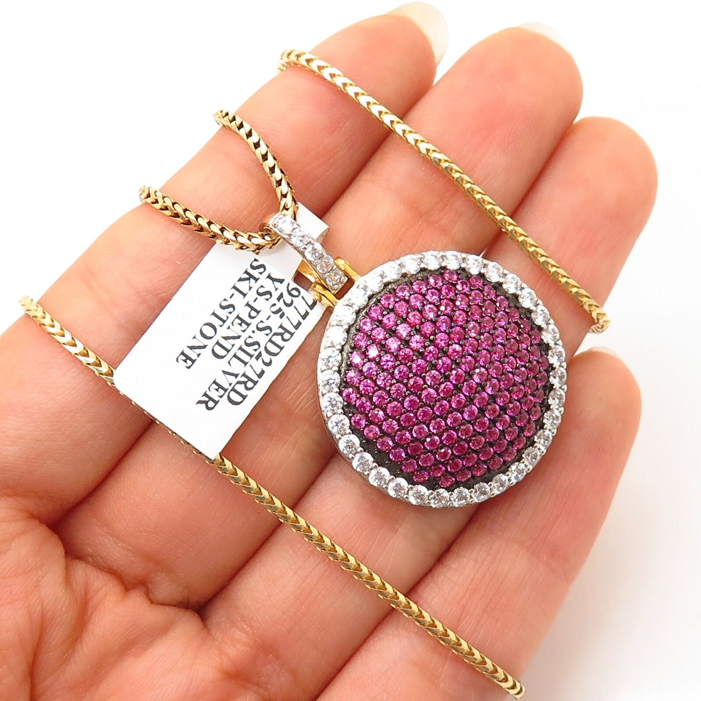 925 Sterling Gold Plated Swarovski Crystal Round Pendant Chain Necklace 25"