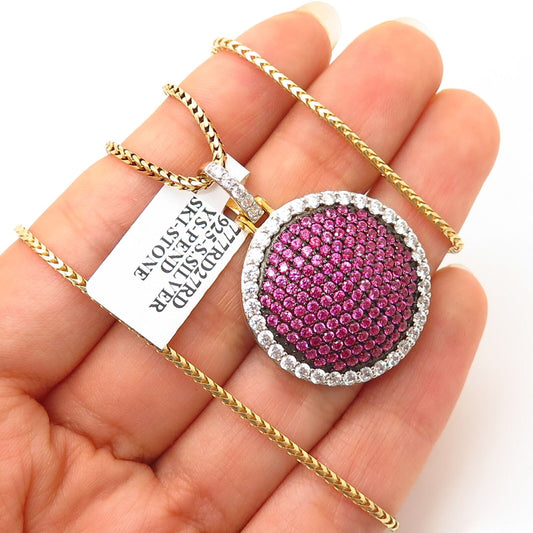 925 Sterling Gold Plated Swarovski Crystal Round Pendant Chain Necklace 25"