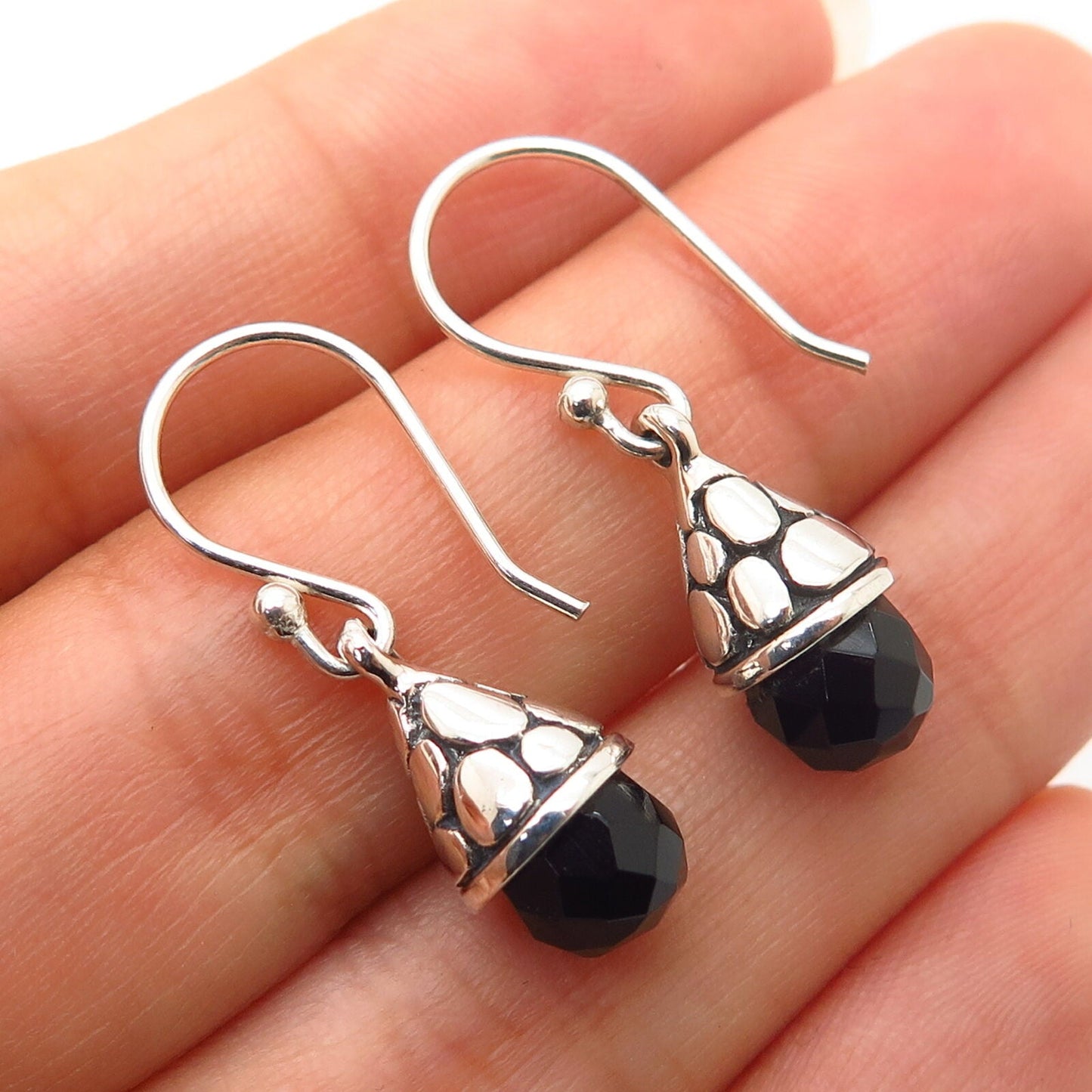 925 Sterling Silver Real Melanite Gem Pebble Design Dangling Earrings