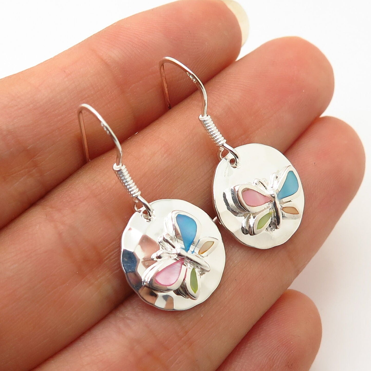 925 Sterling Silver Dyed Mother-of-Pearl Butterfly Design Dangling Earrings