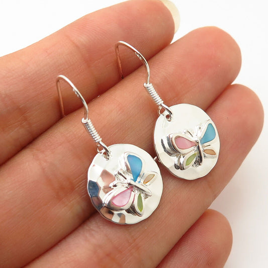 925 Sterling Silver Dyed Mother-of-Pearl Butterfly Design Dangling Earrings