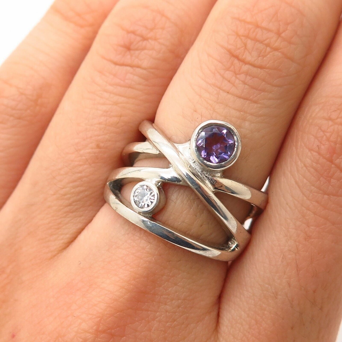 925 Sterling Silver Real Amethyst Gem & C Z Crossover Design Wide Ring