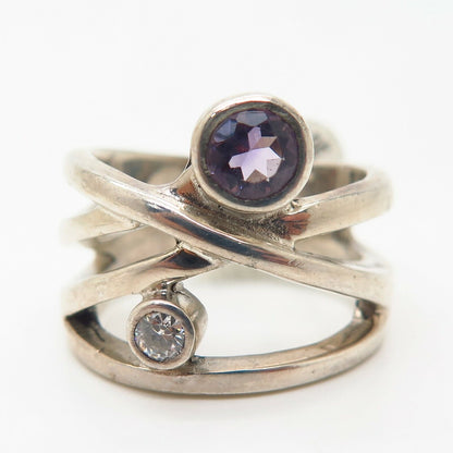 925 Sterling Silver Real Amethyst Gem & C Z Crossover Design Wide Ring