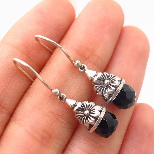 925 Sterling Silver Real Melanite Gem Floral Design Dangling Earrings