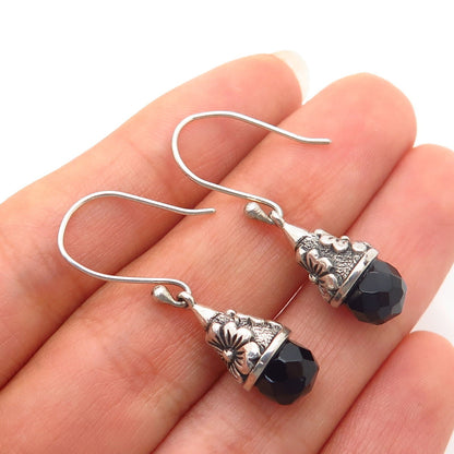 925 Sterling Silver Real Melanite Gem Floral Design Dangling Earrings