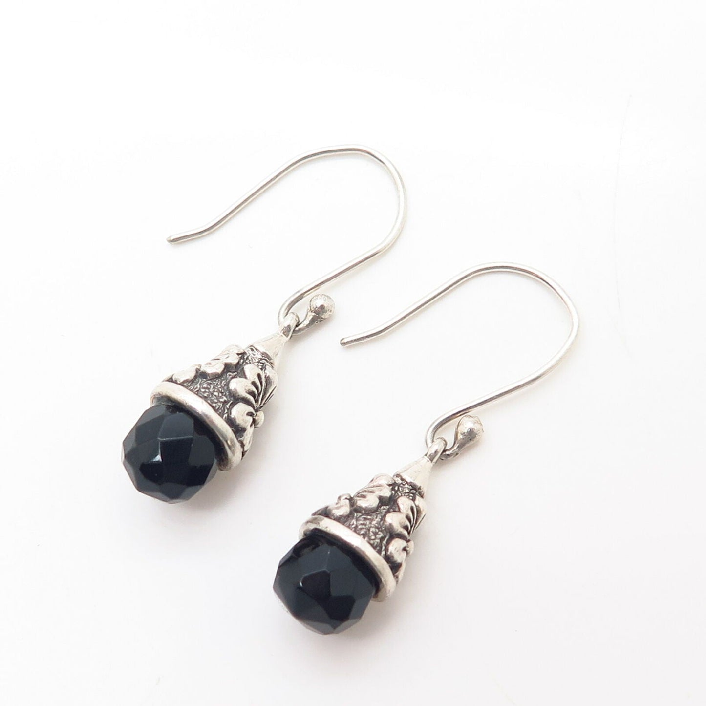 925 Sterling Silver Real Melanite Gem Floral Design Dangling Earrings