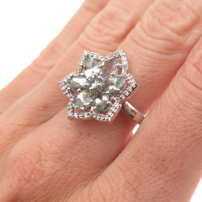 Chuck Clemency 925 Sterling Real Green Amethyst & White Topaz Floral Ring Size 8