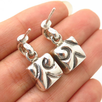 925 Sterling Silver / 14K Vintage Square Curved Design Hollow Dangling Earrings