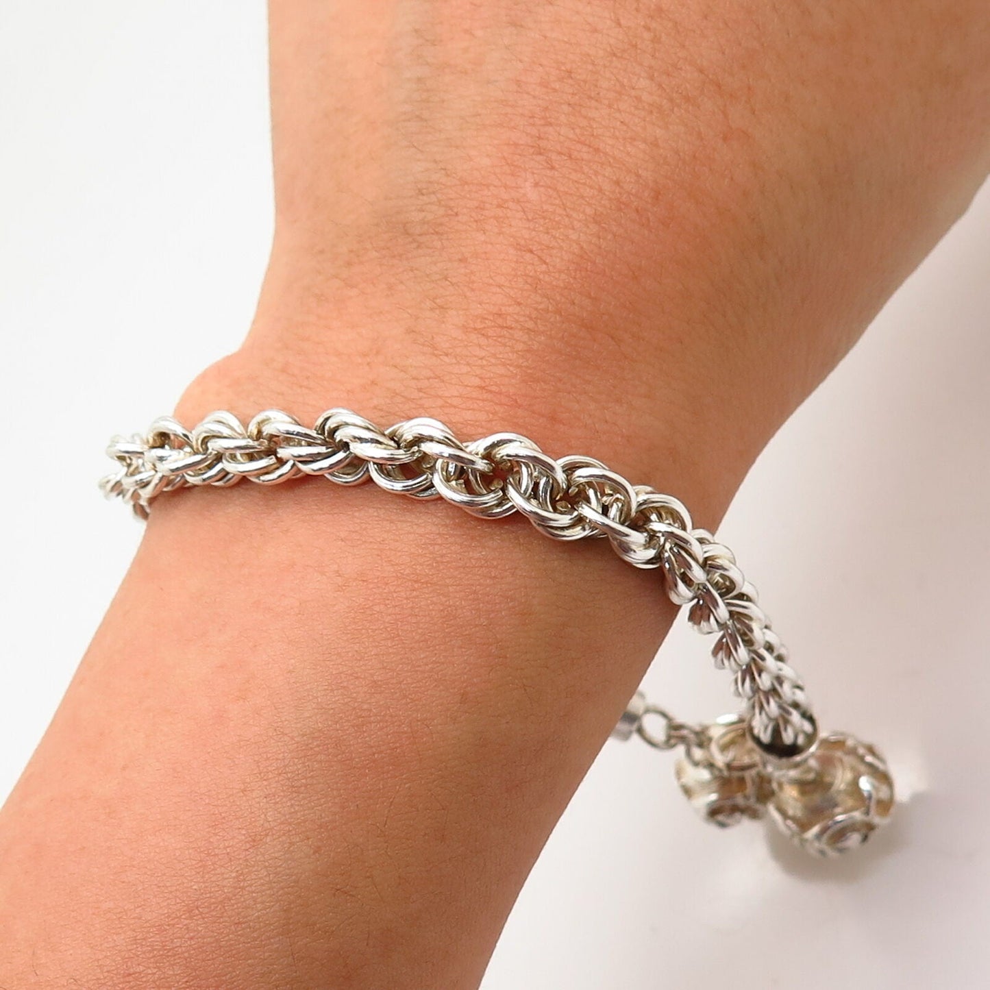 925 Sterling Silver Pebble Design Twisted Rope Link Bracelet 7.5"