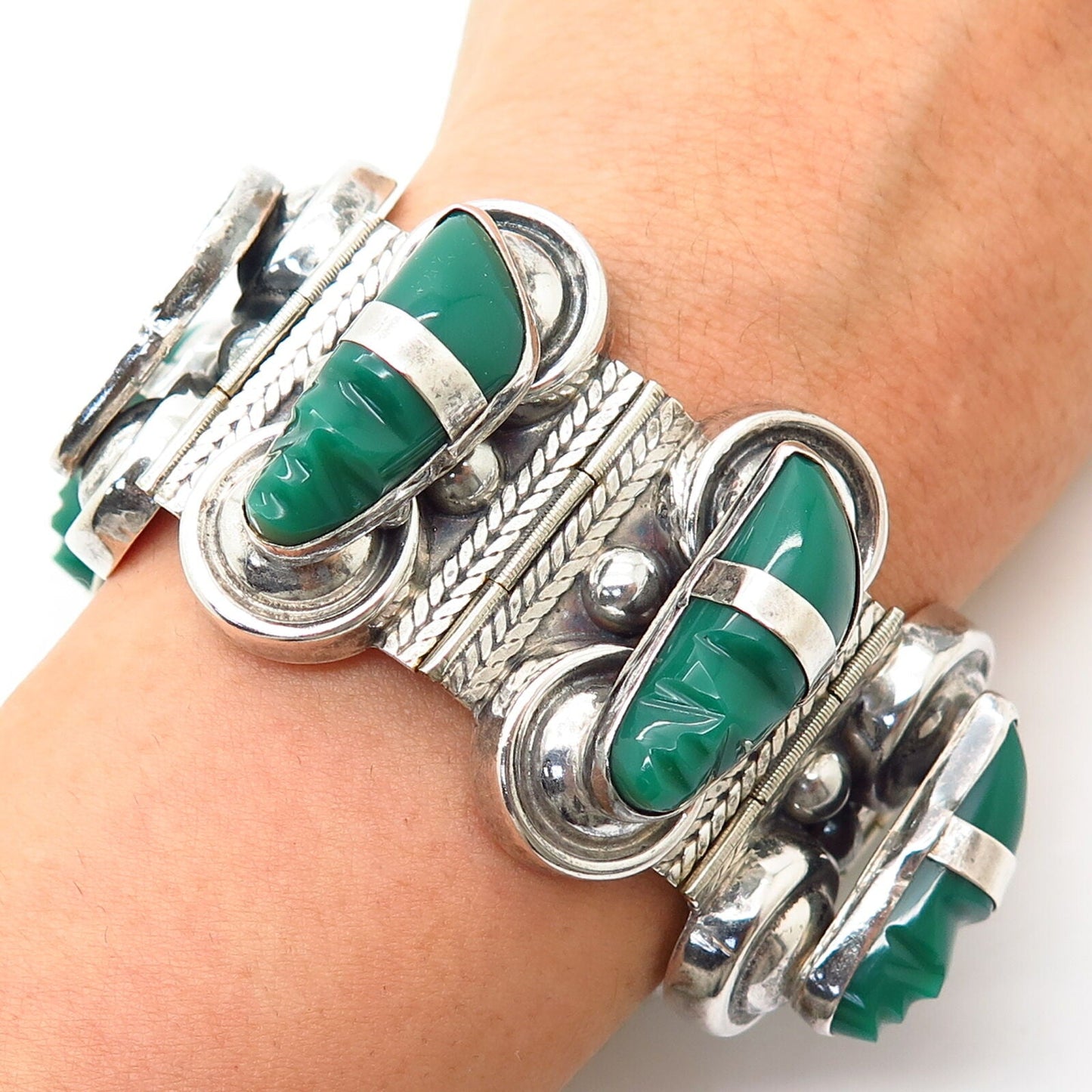 925 Sterling Silver Vintage Carved Green Onyx Gem Tribal Panel Link Bracelet 7"