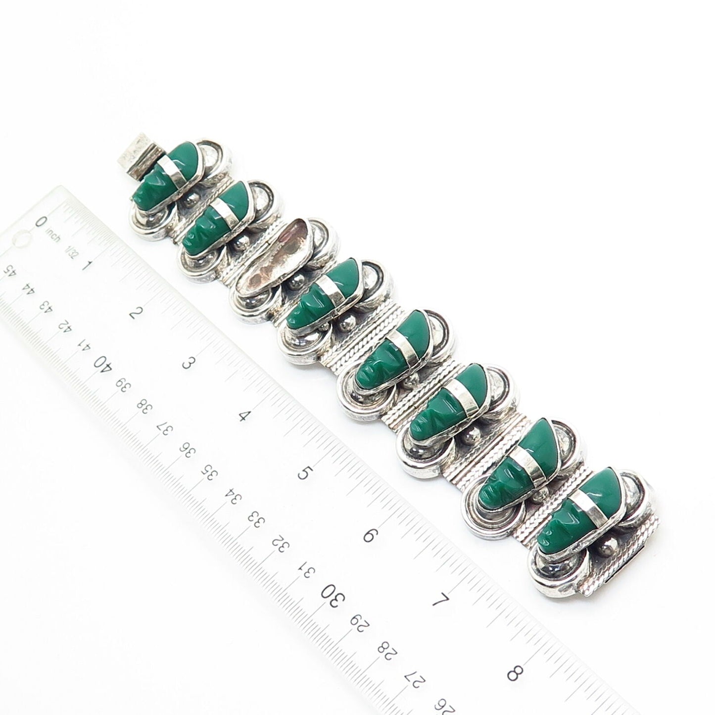 925 Sterling Silver Vintage Carved Green Onyx Gem Tribal Panel Link Bracelet 7"