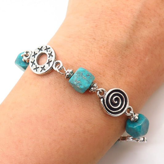 925 Sterling Silver Real Turquoise Gem Bead Link Bracelet 6 1/4"