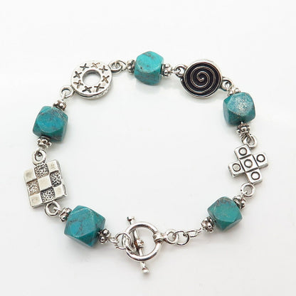 925 Sterling Silver Real Turquoise Gem Bead Link Bracelet 6 1/4"