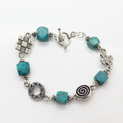 925 Sterling Silver Real Turquoise Gem Bead Link Bracelet 6 1/4"