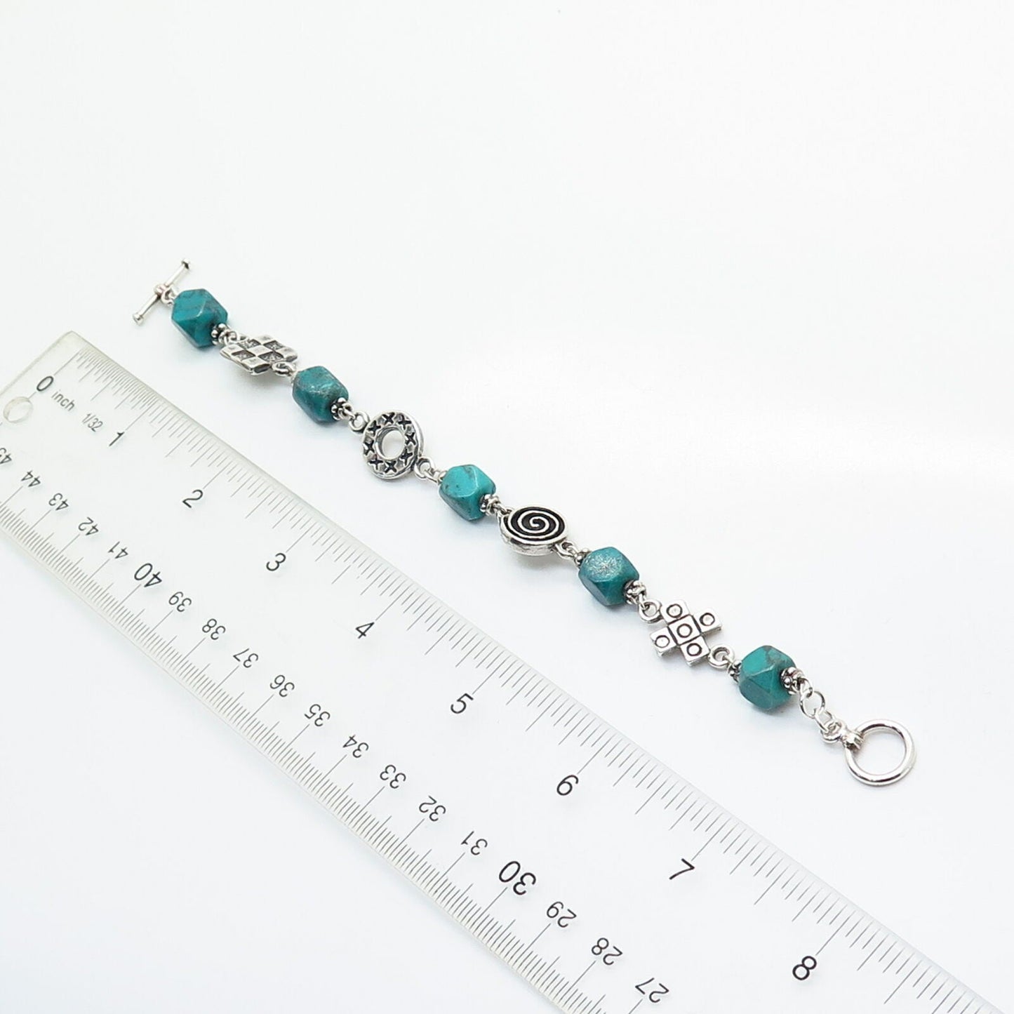 925 Sterling Silver Real Turquoise Gem Bead Link Bracelet 6 1/4"