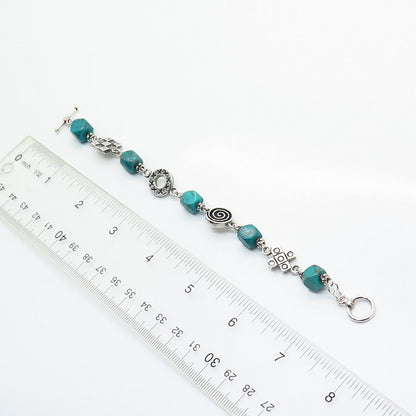 925 Sterling Silver Real Turquoise Gem Bead Link Bracelet 6 1/4"