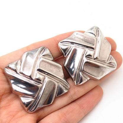 925 Sterling Silver Vintage Mexico Large Ribbed Square Design Clip On Earrings