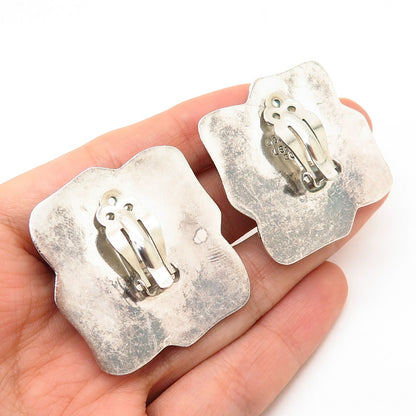 925 Sterling Silver Vintage Mexico Large Ribbed Square Design Clip On Earrings