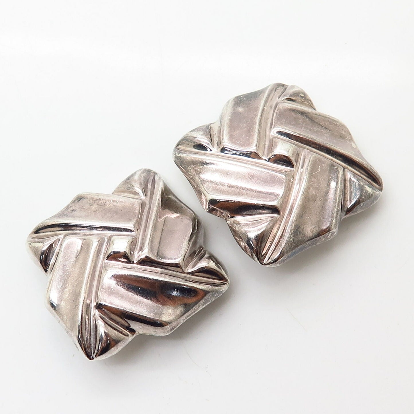 925 Sterling Silver Vintage Mexico Large Ribbed Square Design Clip On Earrings