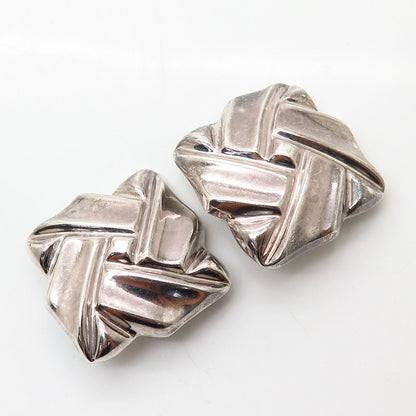 925 Sterling Silver Vintage Mexico Large Ribbed Square Design Clip On Earrings