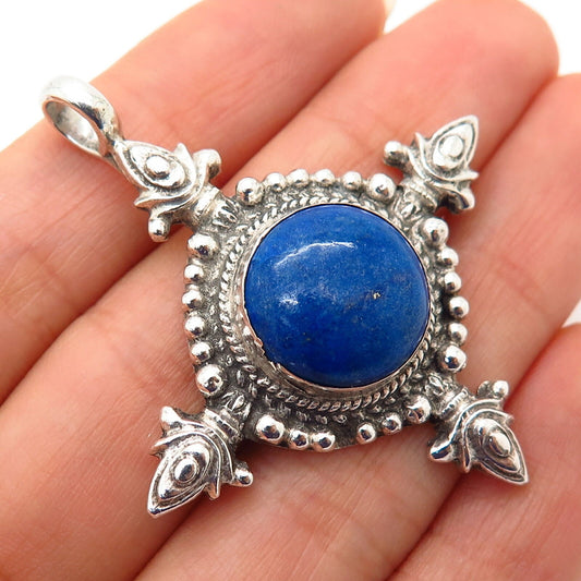 925 Sterling Silver Real Lapis Lazuli Gem Snowflake Design Slide Pendant