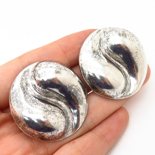 925 Sterling Silver Vintage Mexico Statement Modernist Disk Clip On Earrings