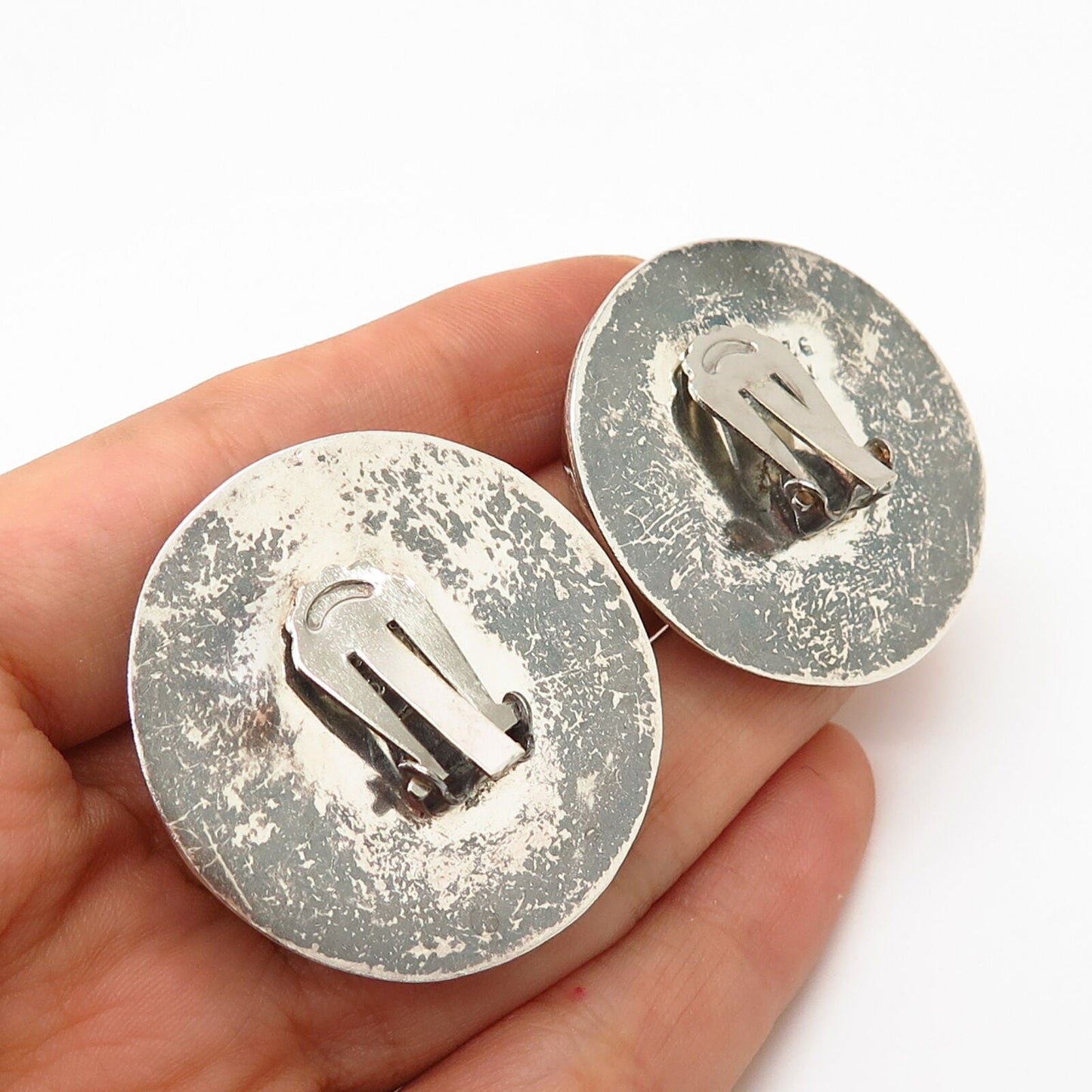 925 Sterling Silver Vintage Mexico Statement Modernist Disk Clip On Earrings