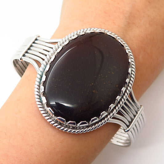 925 Sterling Silver Tahara Real Large Obsidian Gem Cuff Bracelet 7.5"