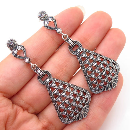 925 Sterling Silver C Z Ornate Net Design Dangling Earrings