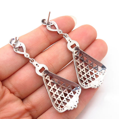 925 Sterling Silver C Z Ornate Net Design Dangling Earrings