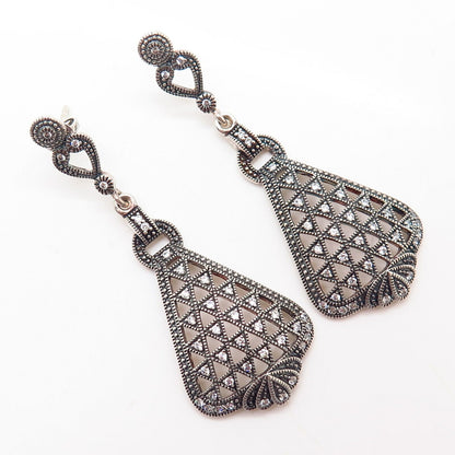 925 Sterling Silver C Z Ornate Net Design Dangling Earrings