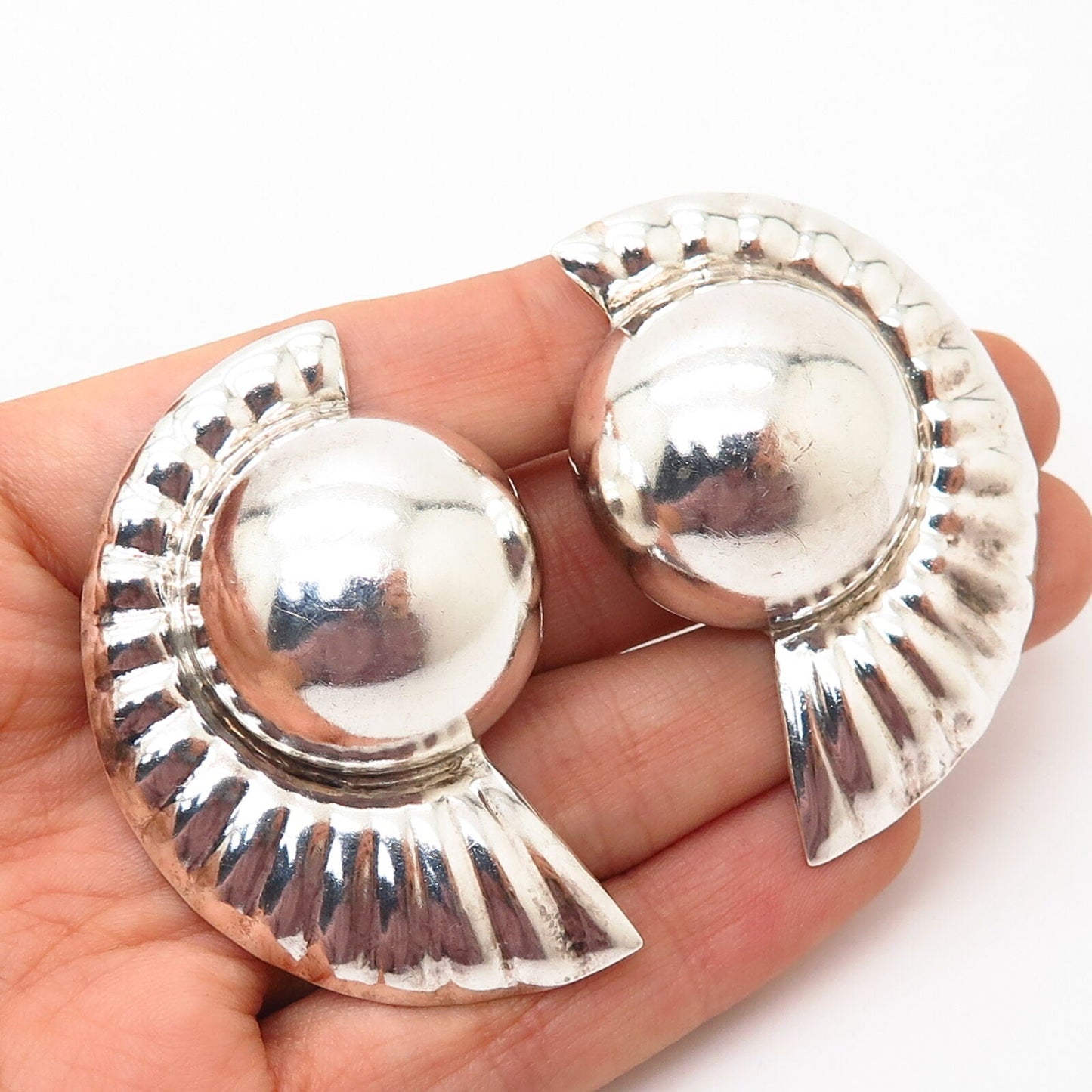 925 Sterling Silver Vintage Mexico Domed Sun Design Statement Clip On Earrings