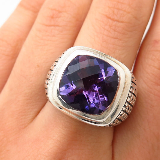 925 Sterling Silver Real Checkered Amethyst Gemstone Square Wide Ring Size 7