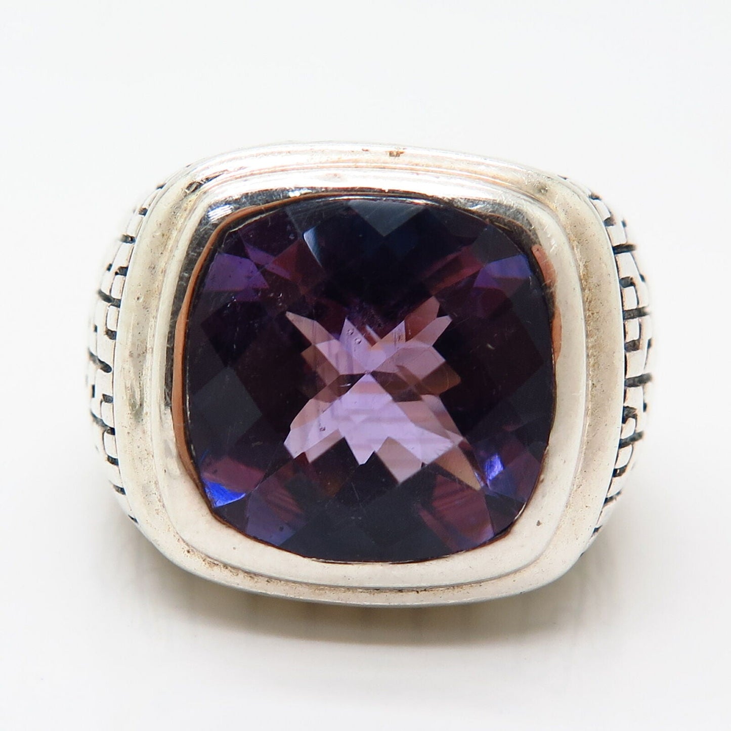 925 Sterling Silver Real Checkered Amethyst Gemstone Square Wide Ring Size 7