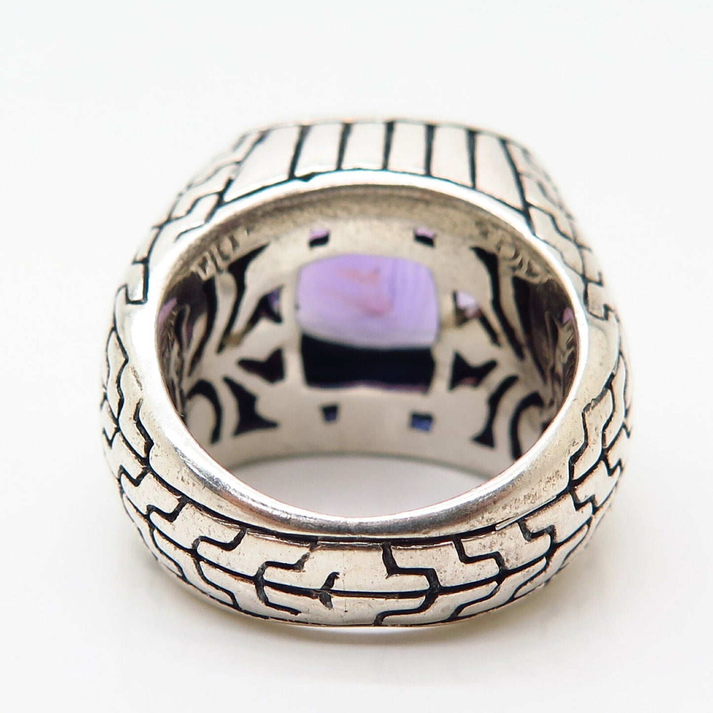 925 Sterling Silver Real Checkered Amethyst Gemstone Square Wide Ring Size 7