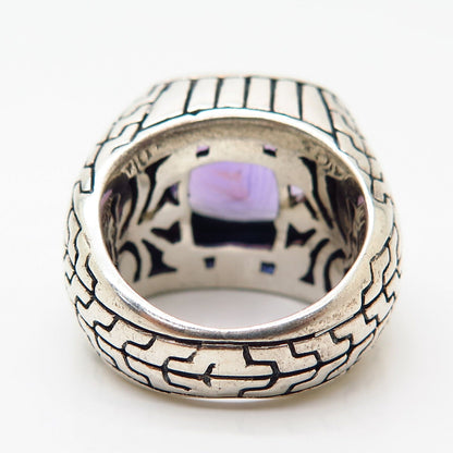 925 Sterling Silver Real Checkered Amethyst Gemstone Square Wide Ring Size 7