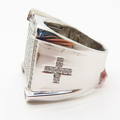 925 Sterling Swarovski Crystals Cross Design Wide Men's Signet Ring Size 10 1/4