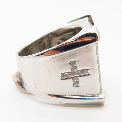 925 Sterling Swarovski Crystals Cross Design Wide Men's Signet Ring Size 10 1/4