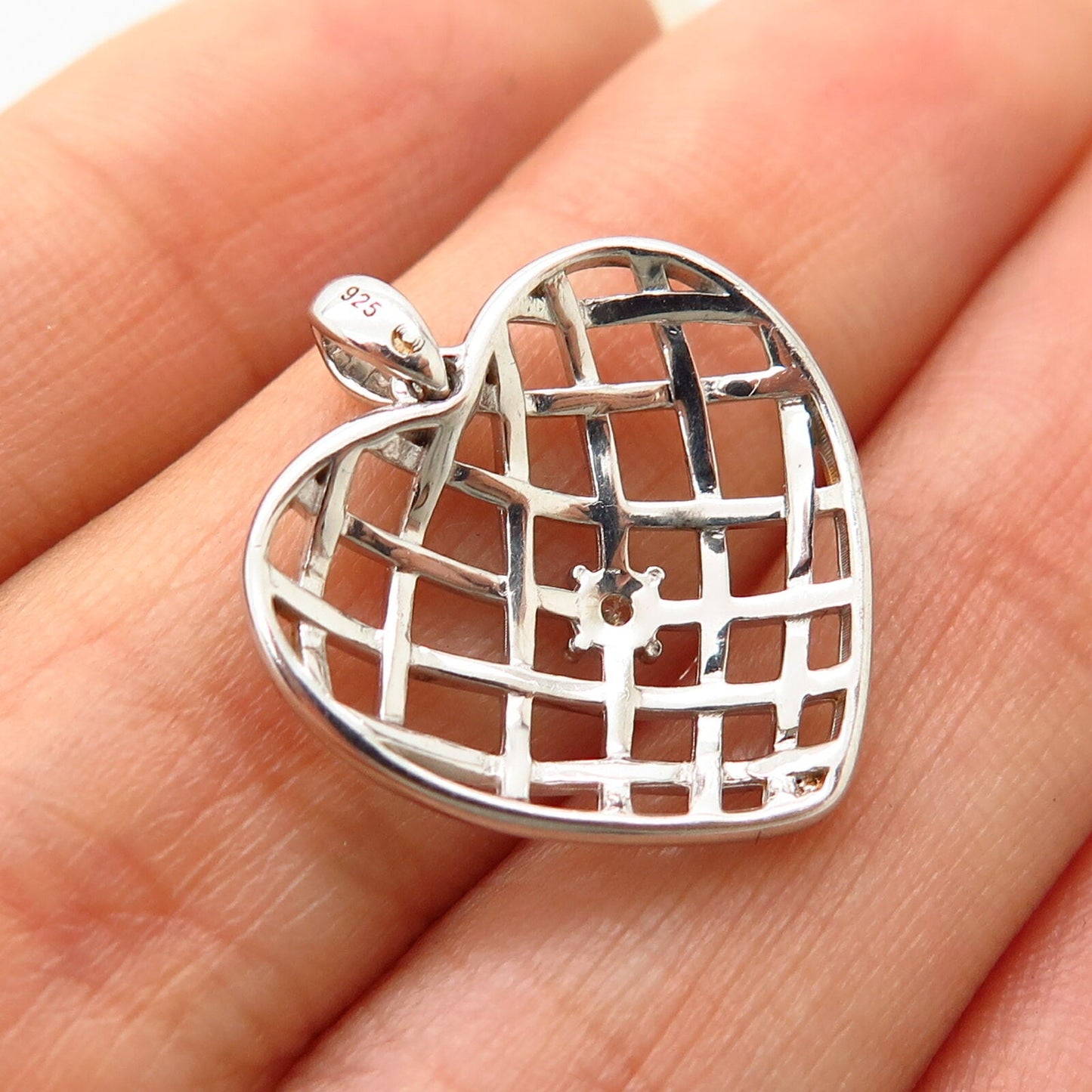 925 Sterling Silver C Z Net Design Heart Pendant