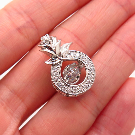 925 Sterling Silver Dancing C Z Rose Floral Design Slide Pendant