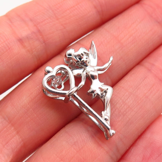 925 Sterling Silver Dancing C Z Fairy Girl w/ Magic Heart Slide Pendant