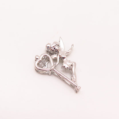 925 Sterling Silver Dancing C Z Fairy Girl w/ Magic Heart Slide Pendant