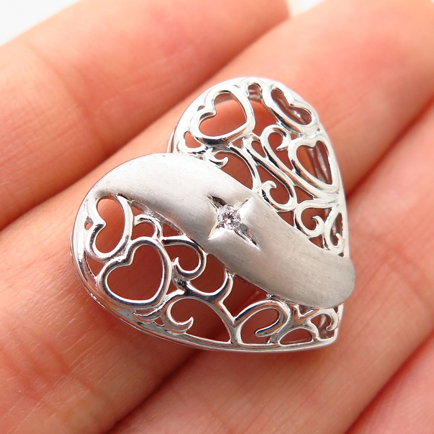 925 Sterling Silver C Z Ornate Heart Design Slide Pendant