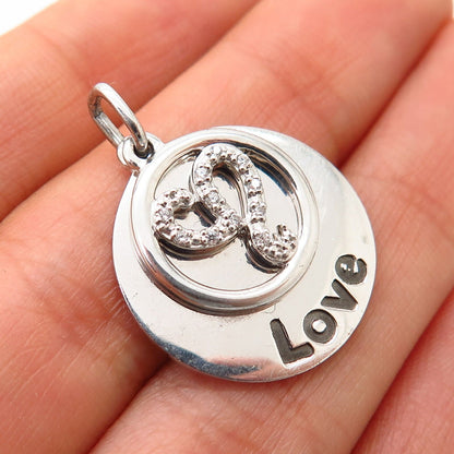 925 Sterling Silver C Z “Shh! Love” Heart Design Round Pendant