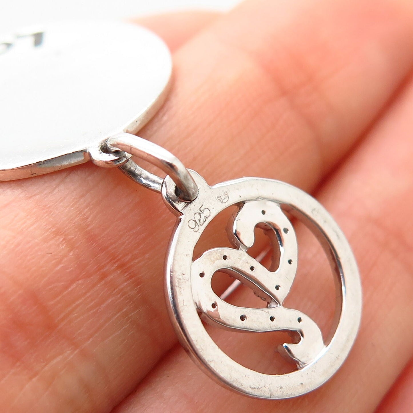 925 Sterling Silver C Z “Shh! Love” Heart Design Round Pendant