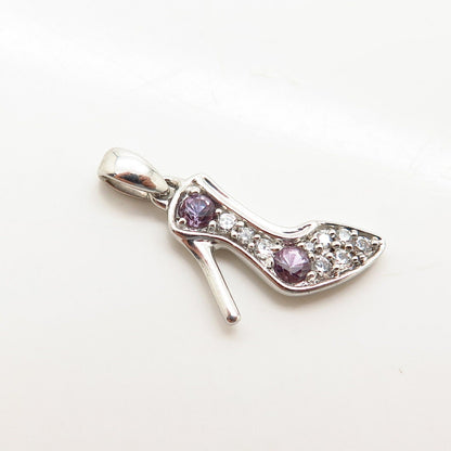 925 Sterling Silver White & Purple-Tone C Z Lady's Shoe Small Pendant