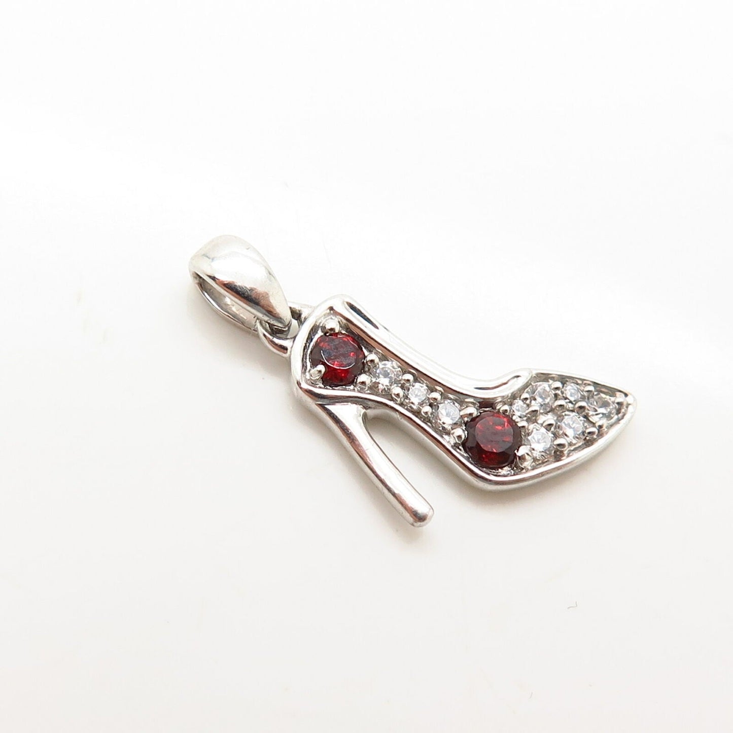 925 Sterling Silver White & Garnet-Tone C Z Lady's Shoe Small Pendant