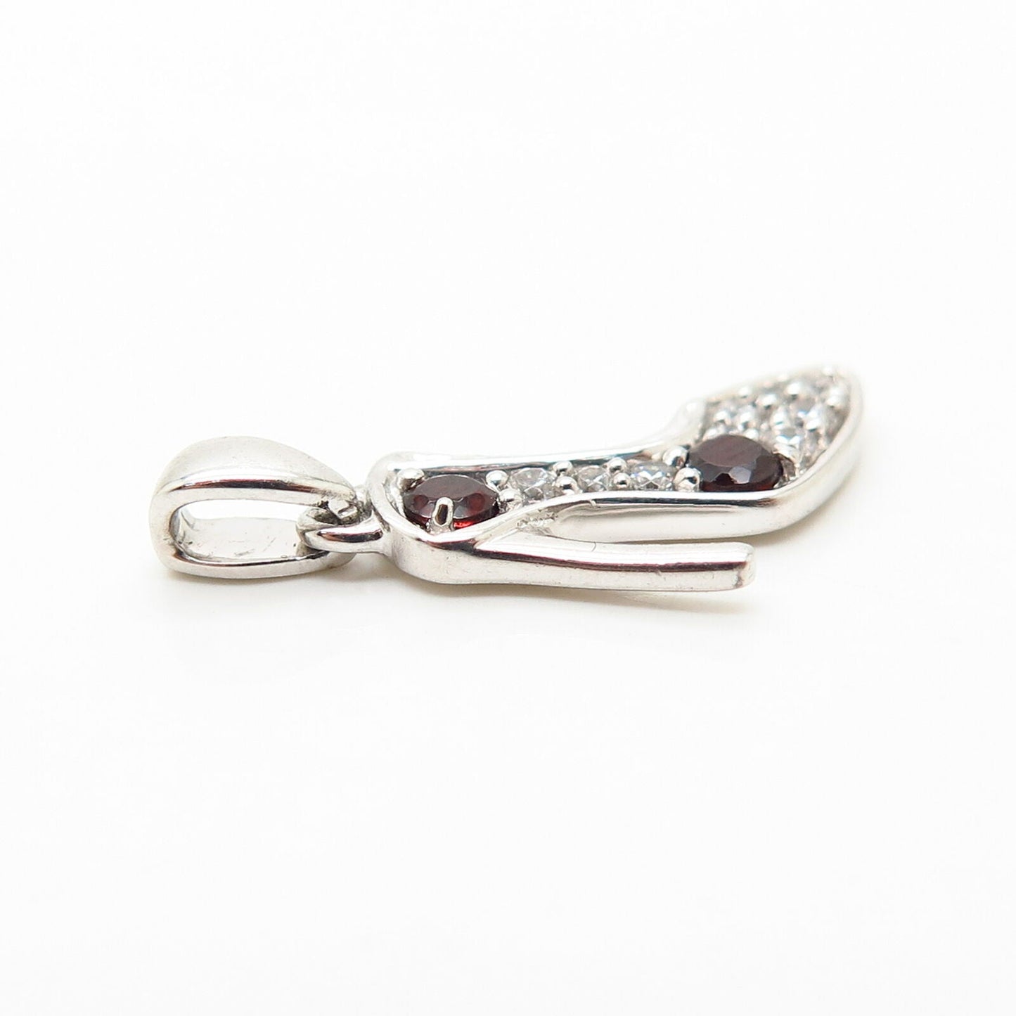 925 Sterling Silver White & Garnet-Tone C Z Lady's Shoe Small Pendant