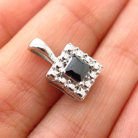 925 Sterling Silver Black C Z Pebble Design Small Square Pendant